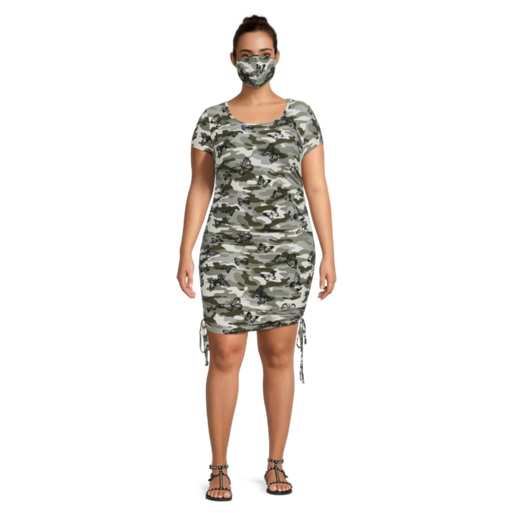 Jr. Plus size drawstring short sleeve bodycon camo dress with face mask